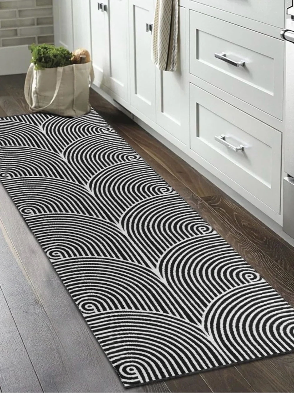 Modern Black and White Geometric Kitchen Runner